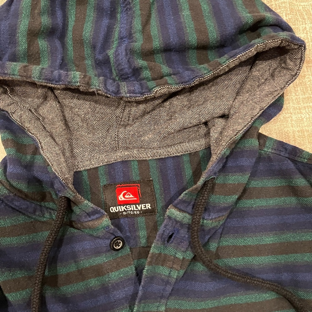 Quiksilver Navy, Green & Black Striped Hooded Button-Up